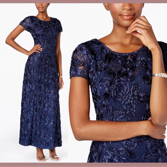 NWT $259 ALEX‎ EVENINGS [ 6 ] Embellished Lace Rosette A-Line Gown in Navy Blue - Picture 3 of 14